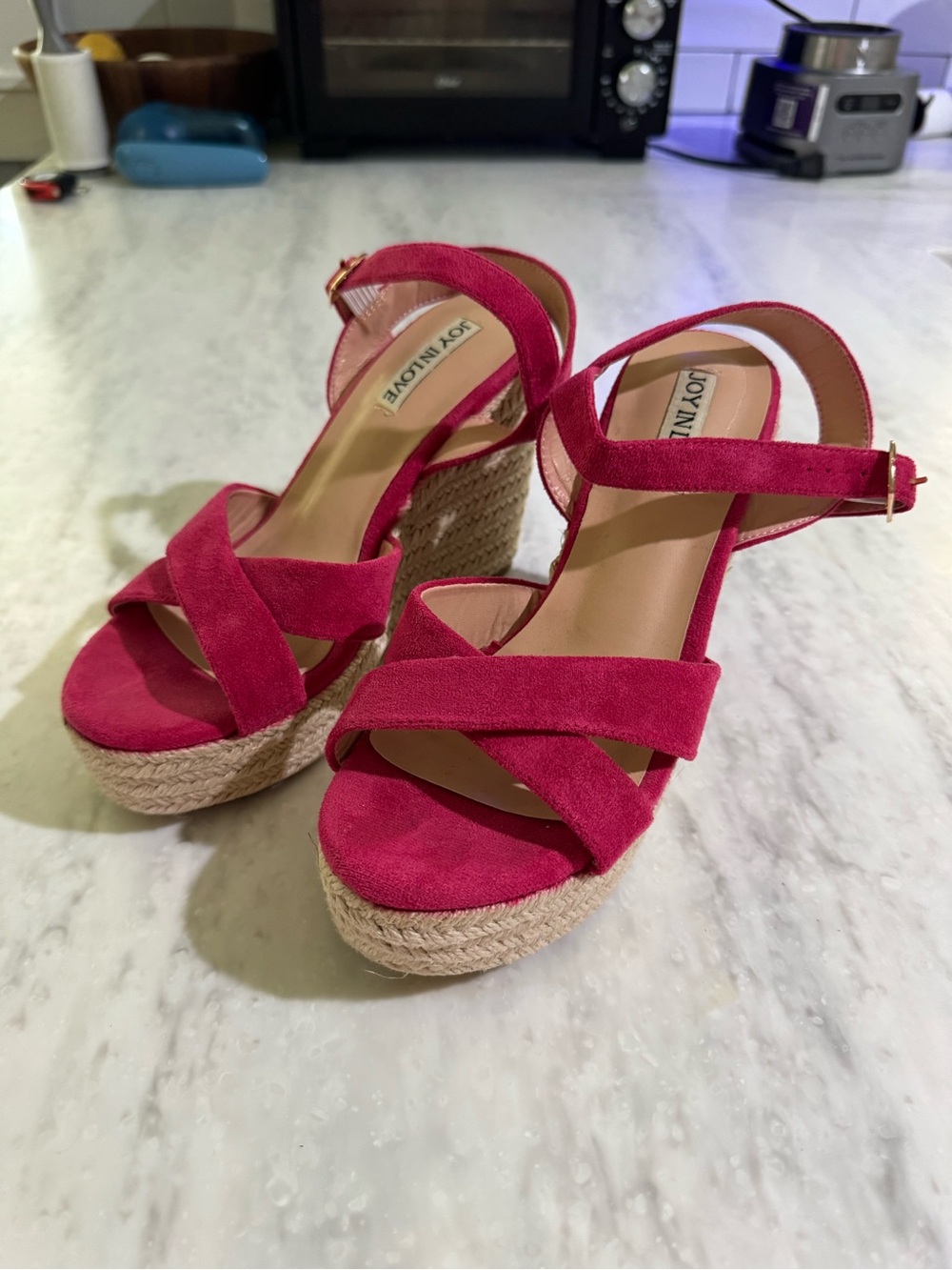 Joy in Love Pink Faux Suede Espadrille 4.5” Platform Summer Buckle Sandals